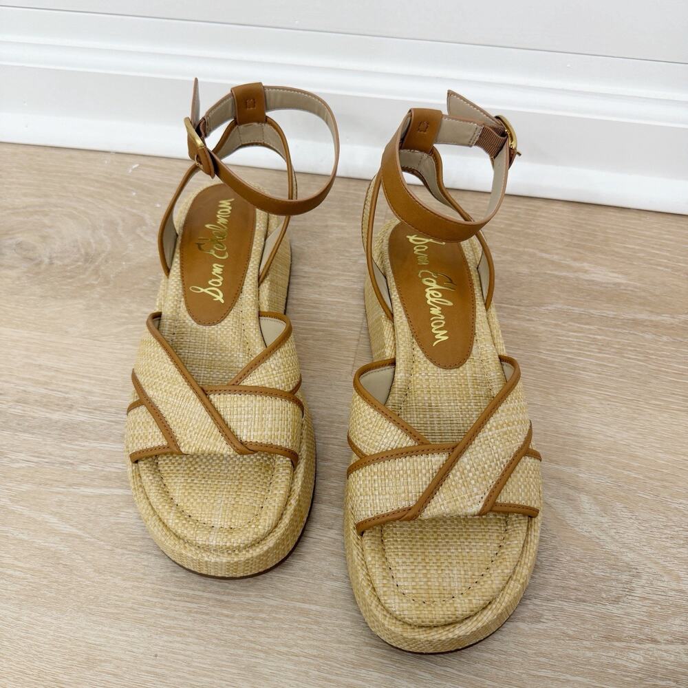 Women’s Sam Edelman Nylie Wedges Sandals Strappy Bleached Beachwood/Saddle 9.5